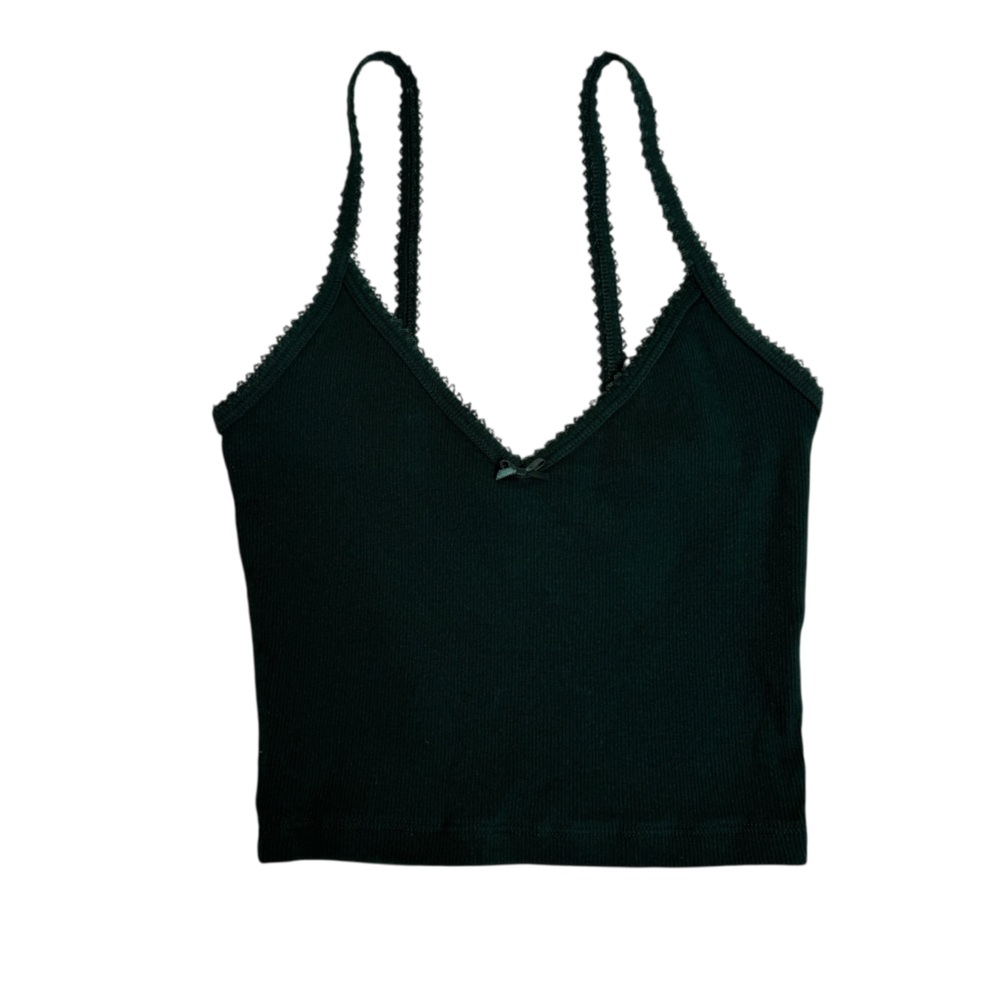 Aritzia Sunday Best Gracie Tank‎ Top Dark Green Ribbed Top with Bow Womens XS